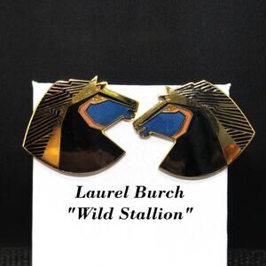 Laurel Burch "Wild Stallion" Post Earrings, Gold Plated Black Teal Enamel